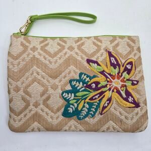 VERA BRADLEY Straw Beach Boho Wristlet Natural Chevron Clutch Retreat Vaca
